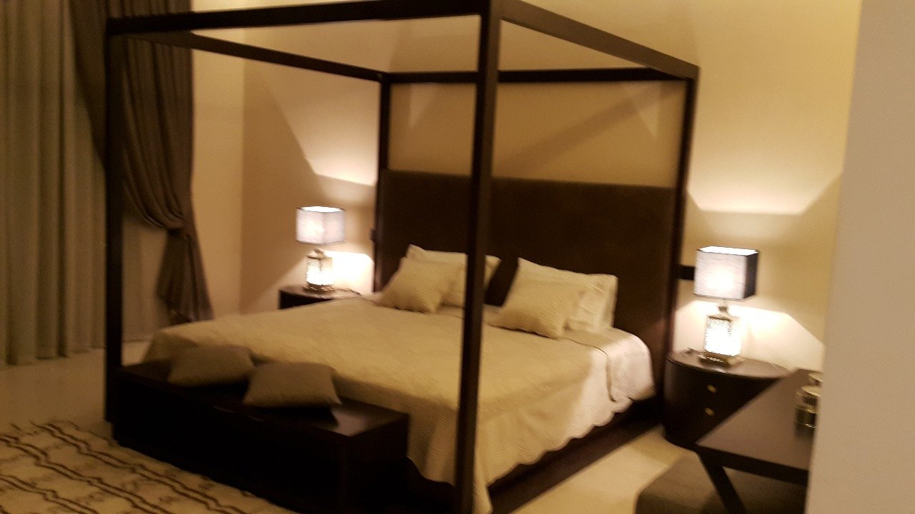 Chambre avec lit à baldaquin en métal noir et lampes de chevet