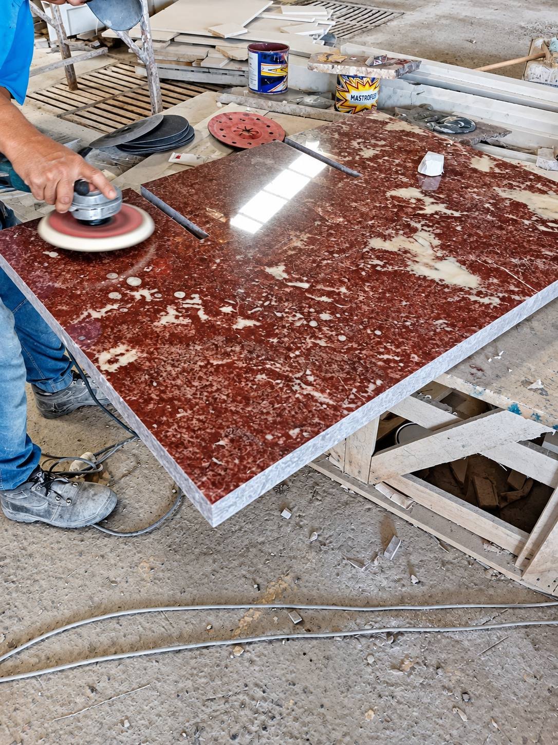 Polissage d'une dalle de marbre rouge sur le chantier