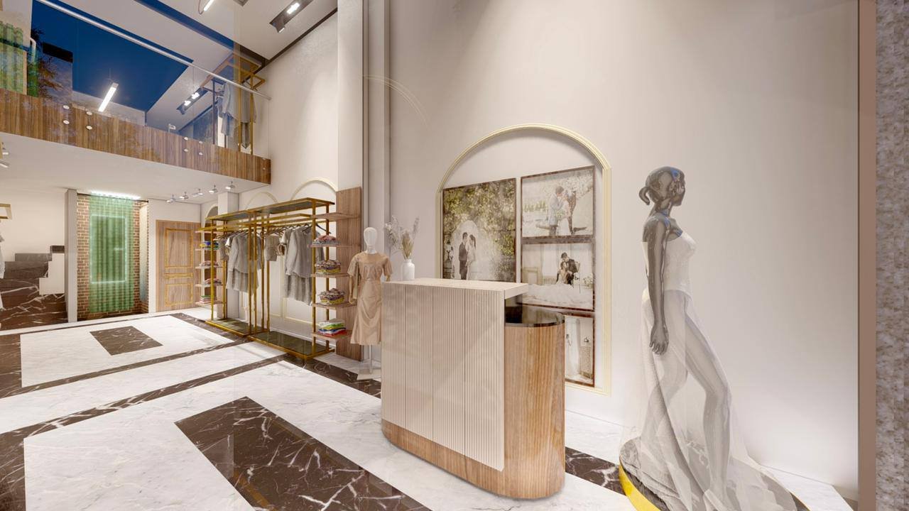 Rendu 3D d’une boutique avec comptoir d’accueil et mannequin