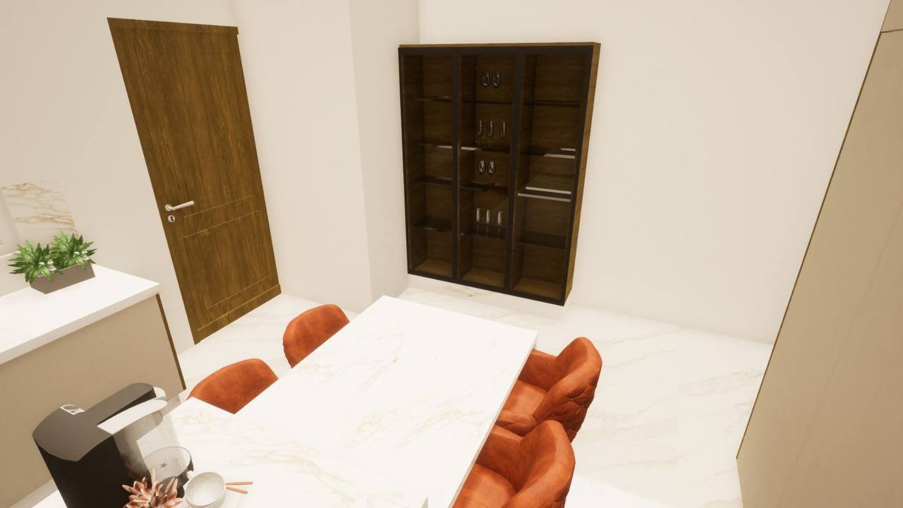 Rendu 3D d’un bureau avec table de réunion et fauteuils orange
