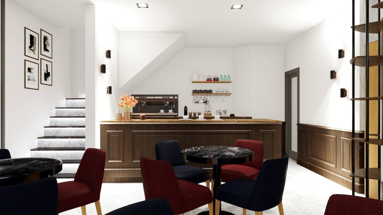 Rendu 3D d’un café avec comptoir en bois et escalier