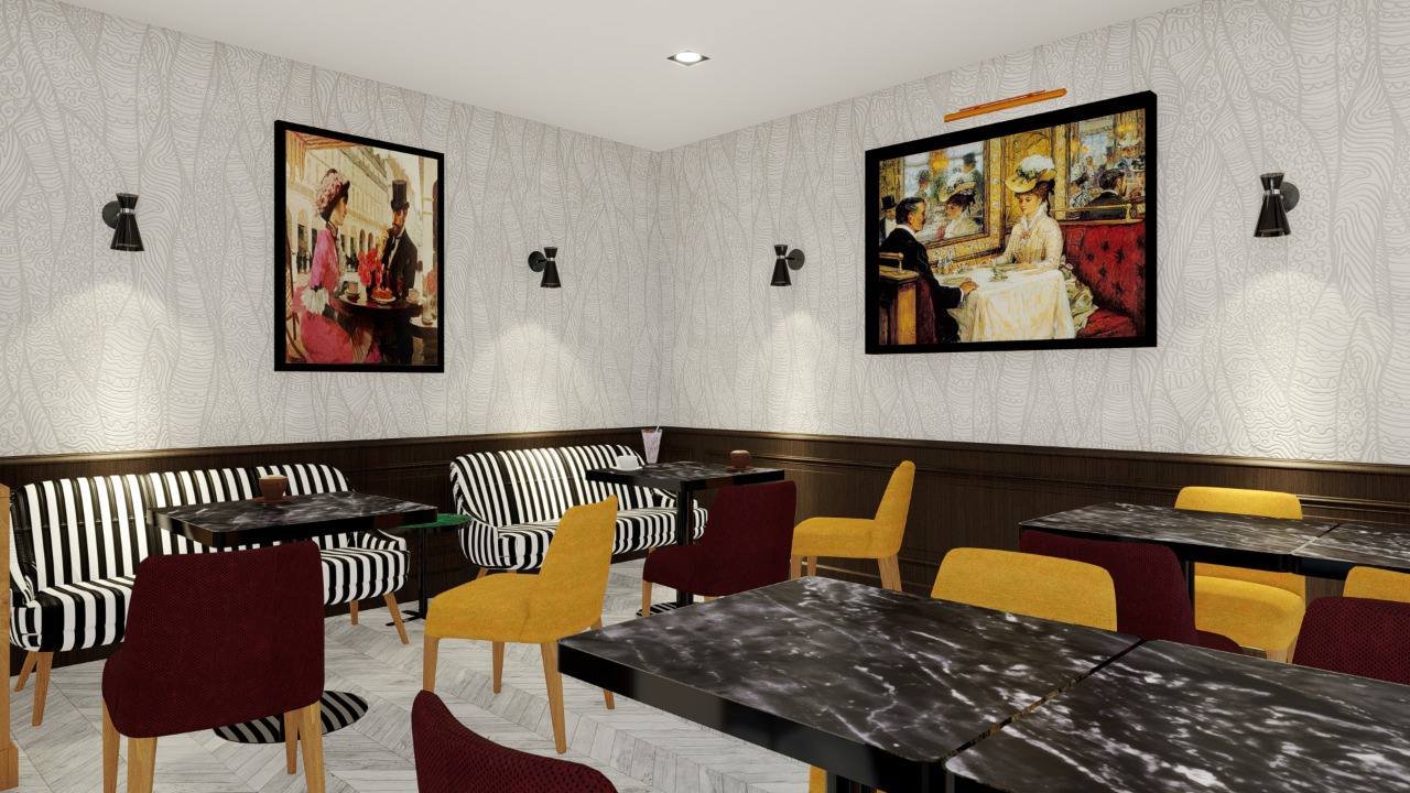 Rendu 3D d’un café avec tables en marbre et fauteuils jaunes