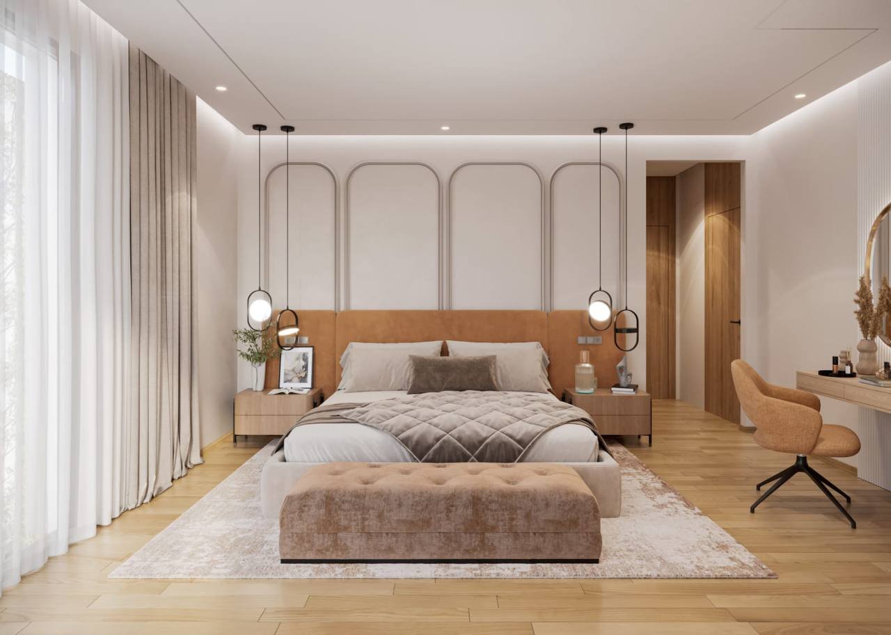 Rendu 3D d’une chambre beige avec mur à arcades et bout de lit