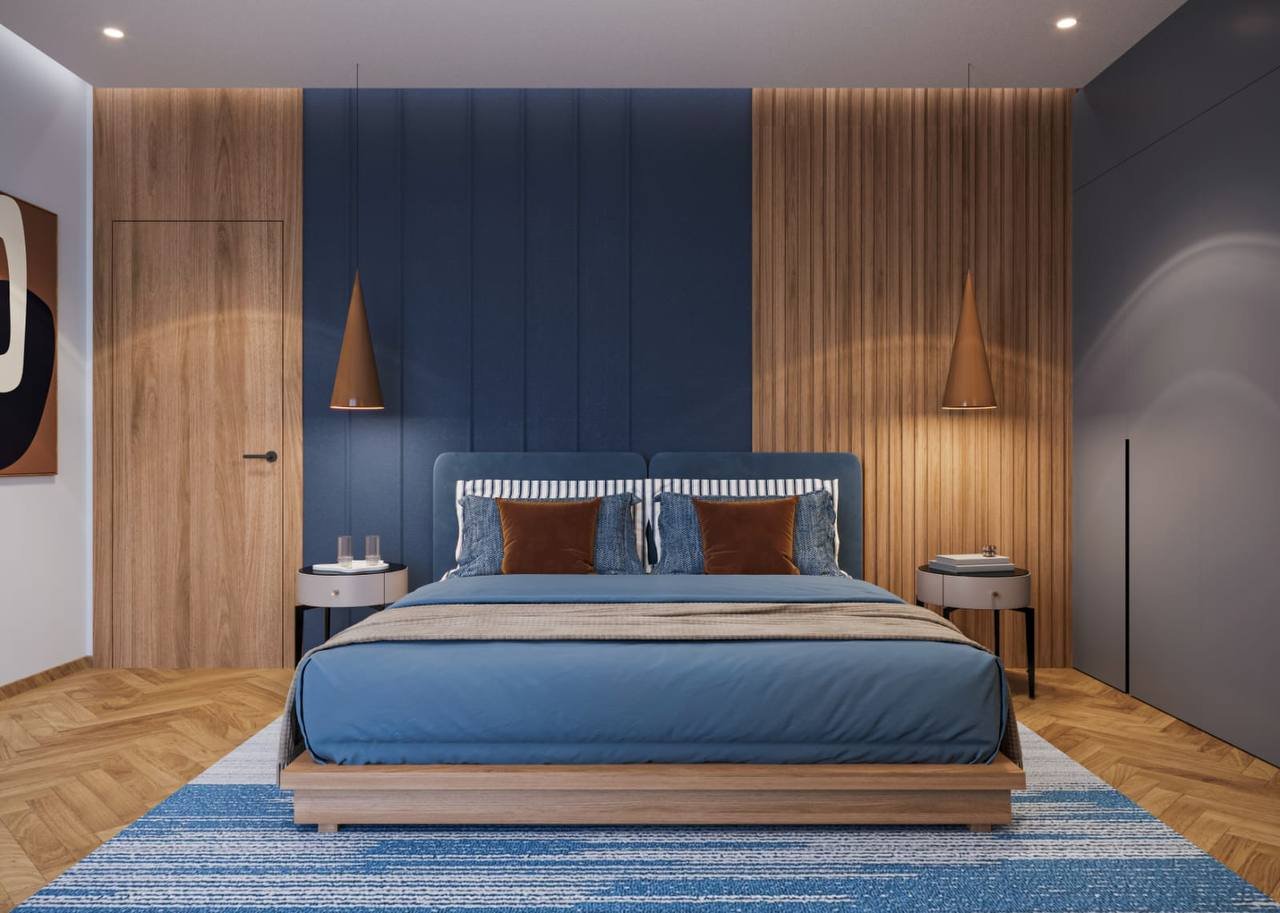 Rendu 3D d’une chambre avec panneaux bleus et lambris bois