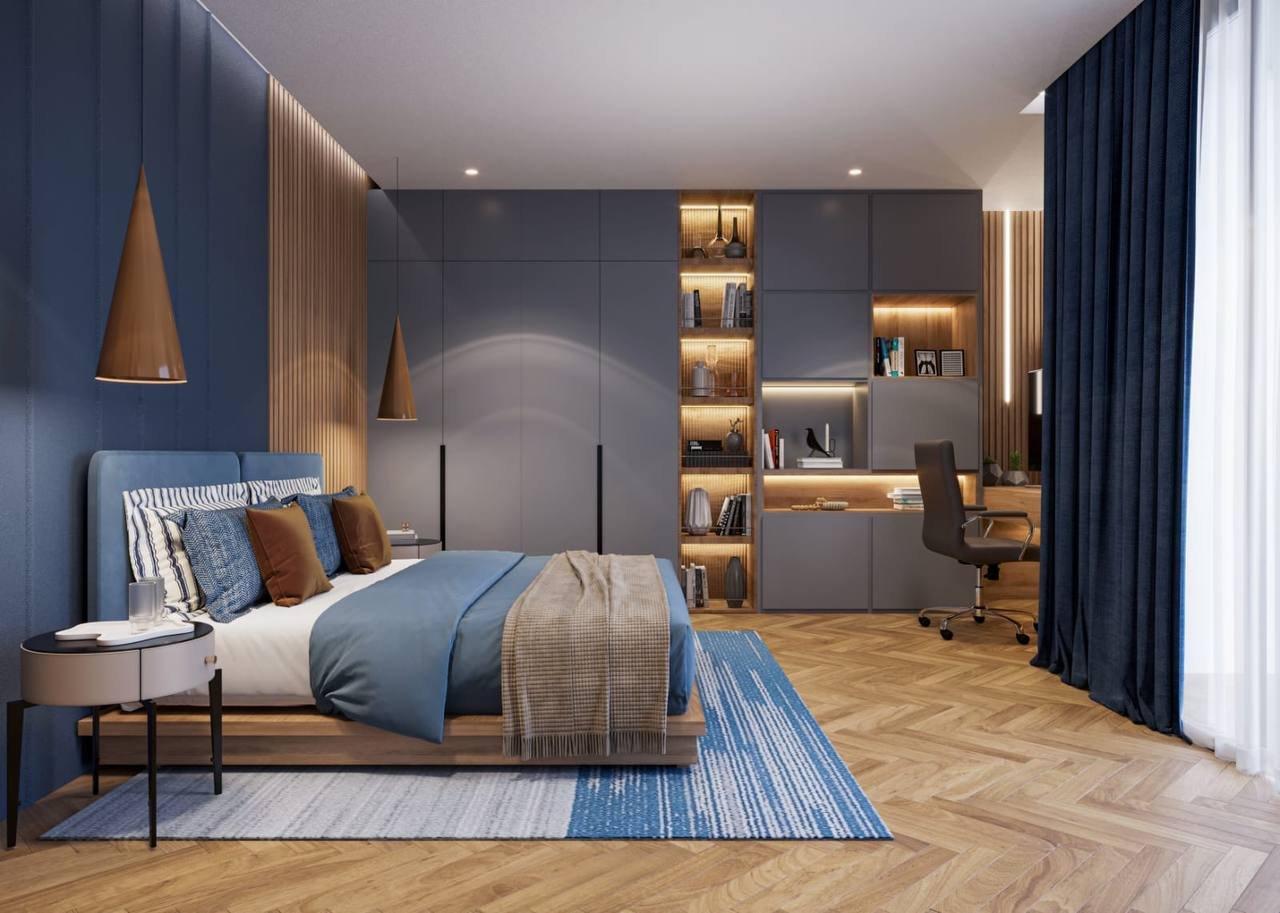 Rendu 3D d’une chambre bleue avec tête de lit capitonnée et coin bureau
