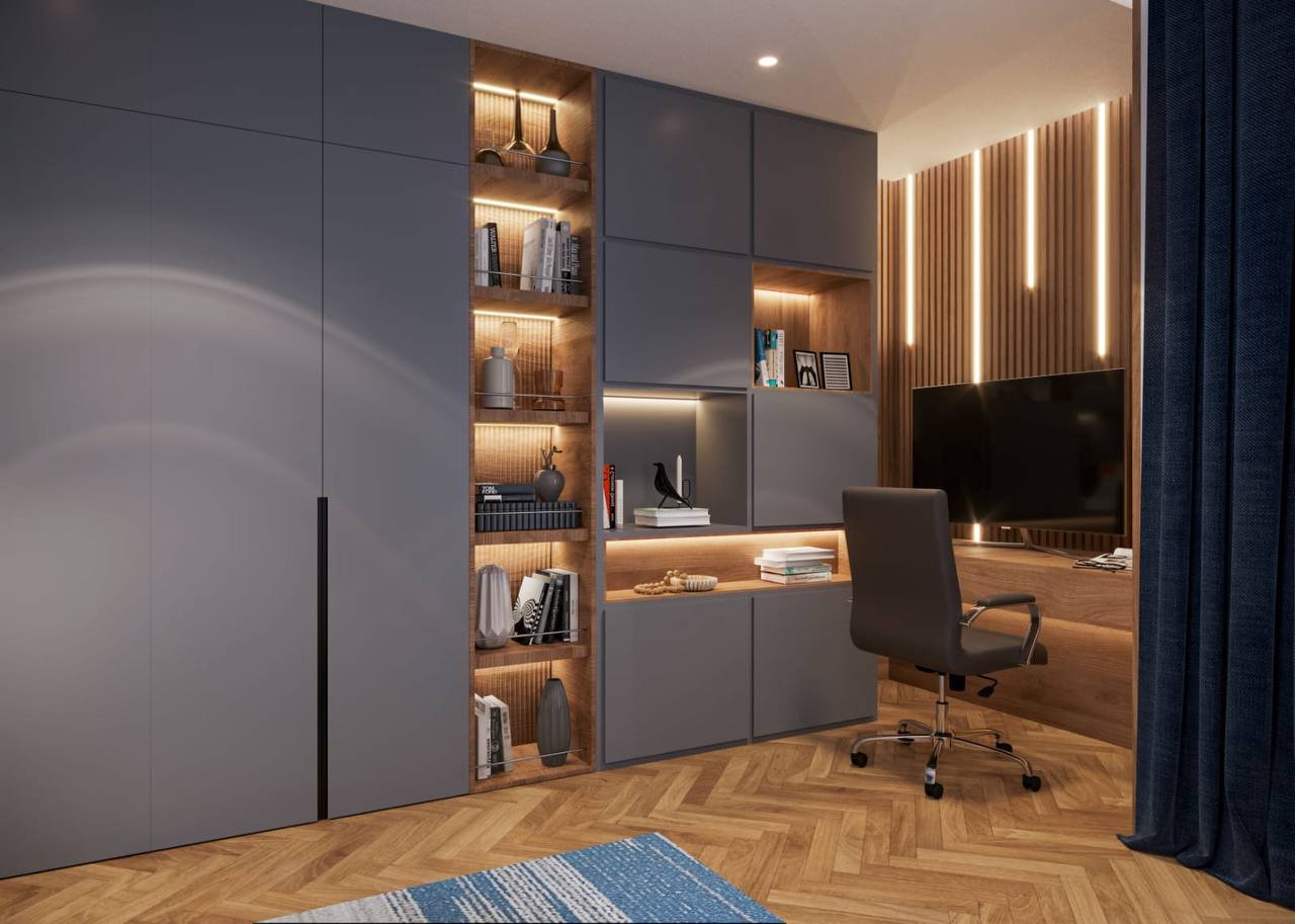 Rendu 3D d’une chambre grise avec bibliothèque éclairée et bureau