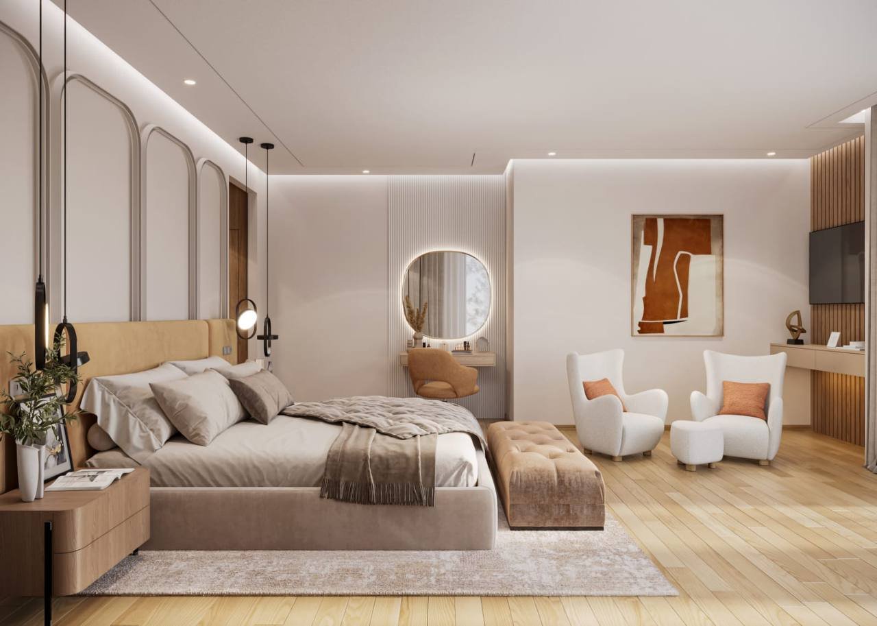 Rendu 3D d’une chambre avec coiffeuse, miroir rond et fauteuils