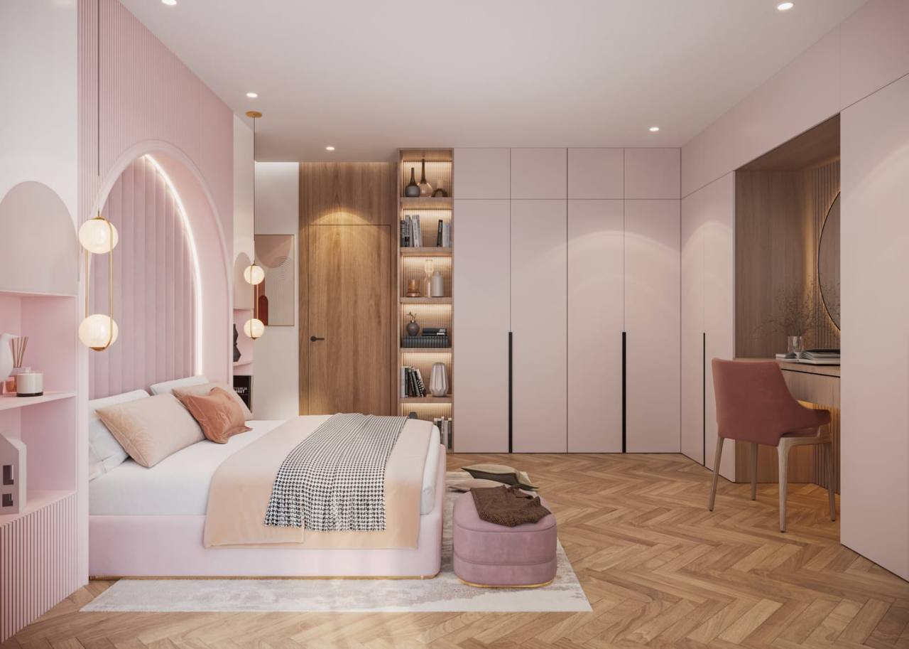 Rendu 3D d’une chambre rose avec arche rétroéclairée et dressing