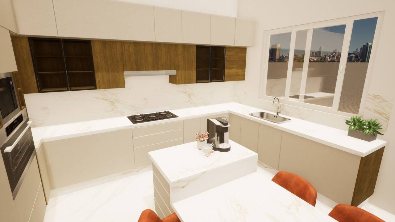 Rendu 3D d’une cuisine en marbre blanc et bois avec îlot