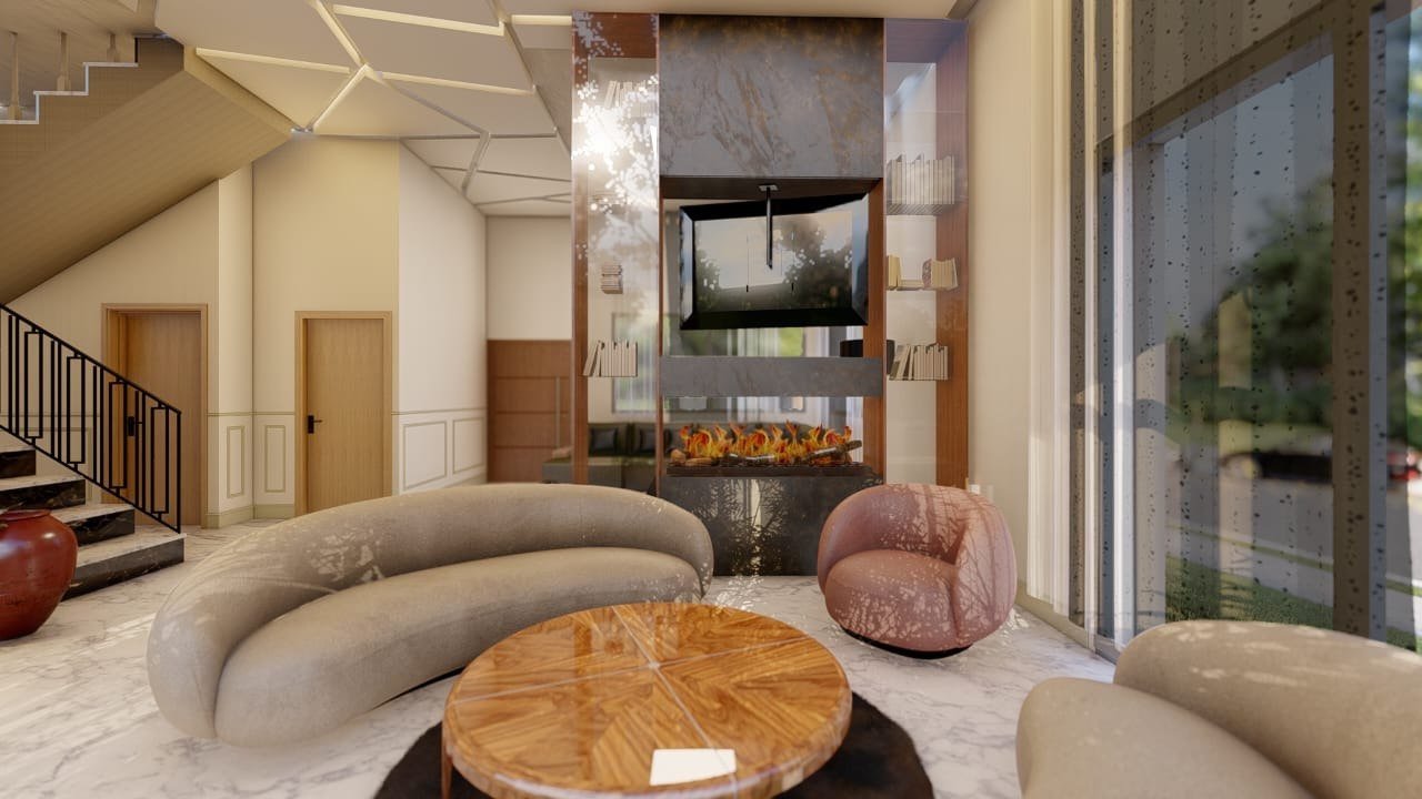 Rendu 3D d'un séjour avec cheminée double face et banquette courbe