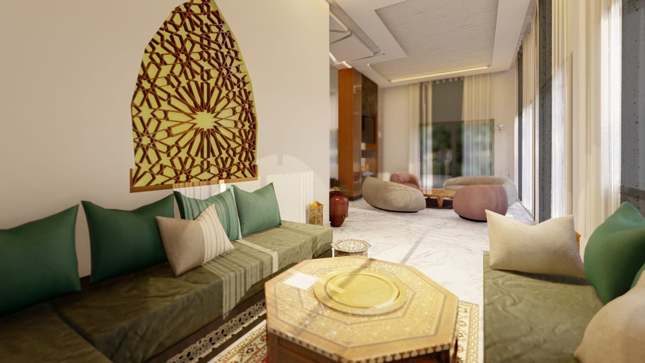 Rendu 3D d'un salon marocain contemporain avec moucharabieh