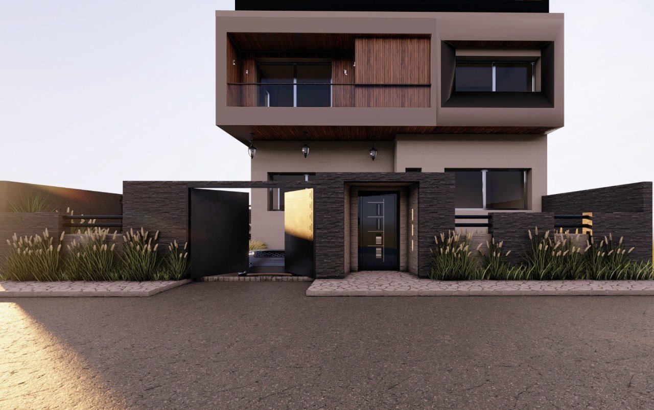 Rendu 3D d'une façade de villa contemporaine en soirée